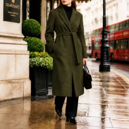 Long Coat Wool Blend Fitted Tie Belt & Lapel Collar