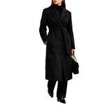 Long Coat Wool Blend Fitted Tie Belt & Lapel Collar