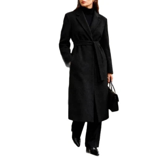 Long Coat Wool Blend Fitted Tie Belt & Lapel Collar