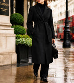 Long Coat Wool Blend Fitted Tie Belt & Lapel Collar
