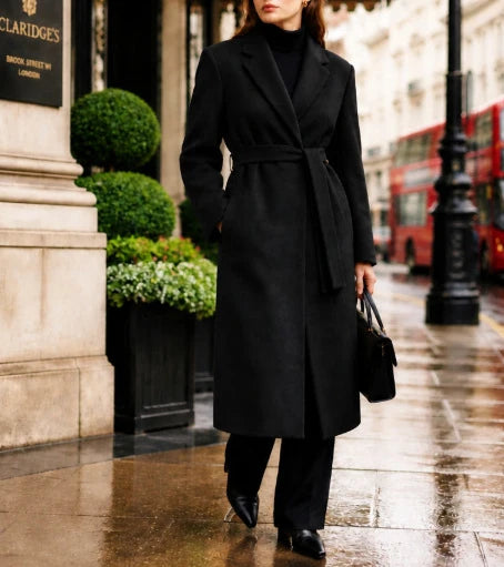 Long Coat Wool Blend Fitted Tie Belt & Lapel Collar
