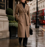 Long Coat Wool Blend Fitted Tie Belt & Lapel Collar