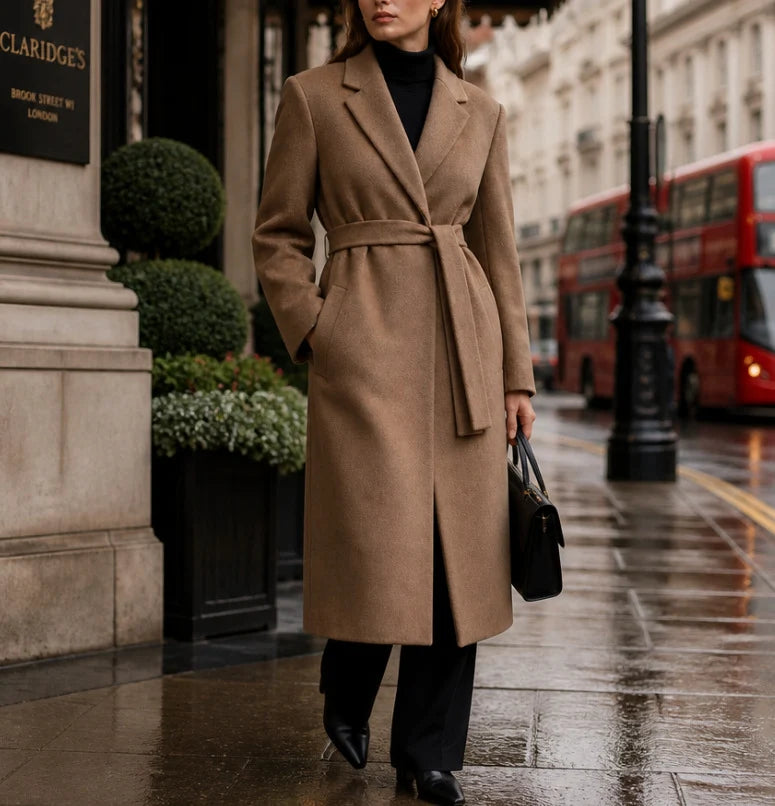 Long Coat Wool Blend Fitted Tie Belt & Lapel Collar