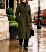 Long Coat Wool Blend Fitted Tie Belt & Lapel Collar