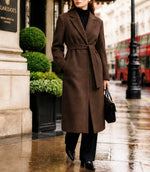 Long Coat Wool Blend Fitted Tie Belt & Lapel Collar