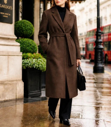 Long Coat Wool Blend Fitted Tie Belt & Lapel Collar