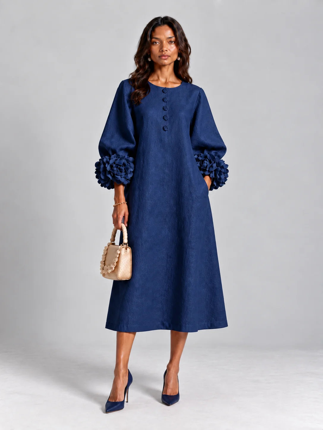 Long Dress Linen Blend Breathable A-Line Puff Sleeves