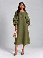 Long Dress Linen Blend Breathable A-Line Puff Sleeves