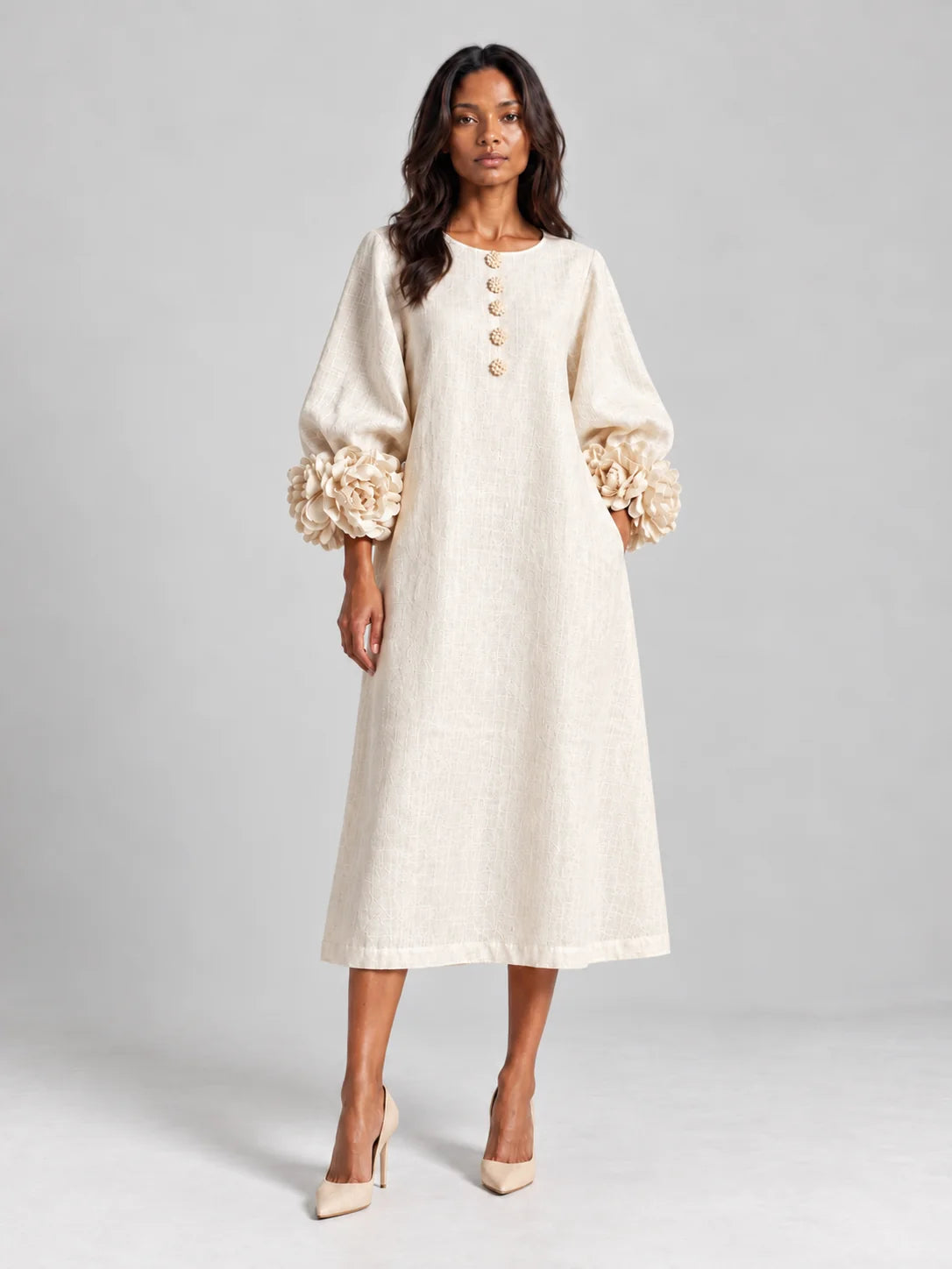 Long Dress Linen Blend Breathable A-Line Puff Sleeves