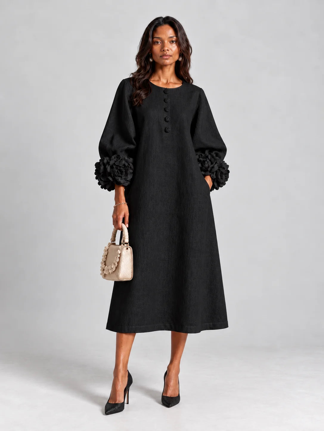 Long Dress Linen Blend Breathable A-Line Puff Sleeves