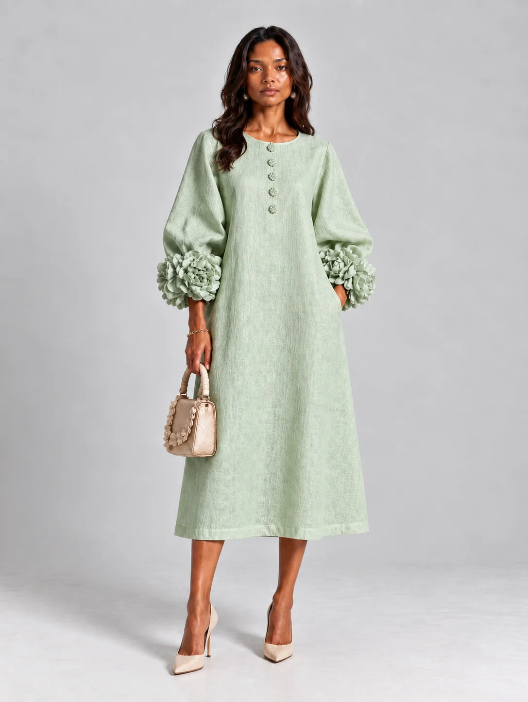 Long Dress Linen Blend Breathable A-Line Puff Sleeves
