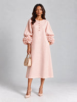 Long Dress Linen Blend Breathable A-Line Puff Sleeves