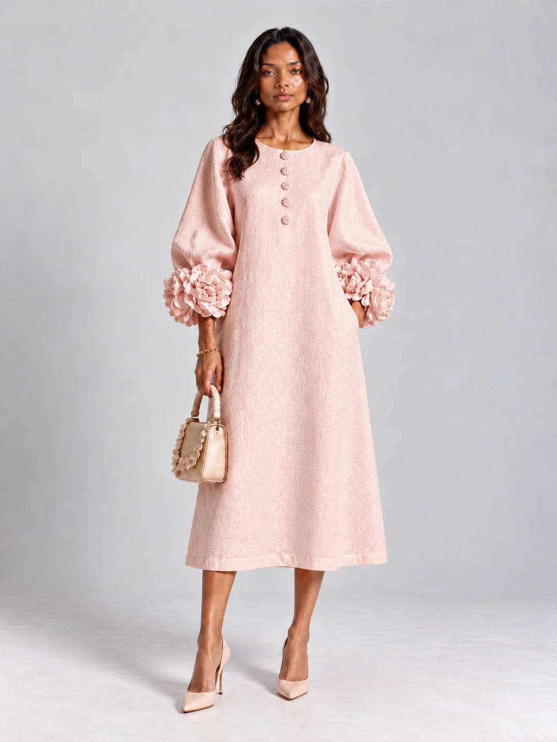 Long Dress Linen Blend Breathable A-Line Puff Sleeves