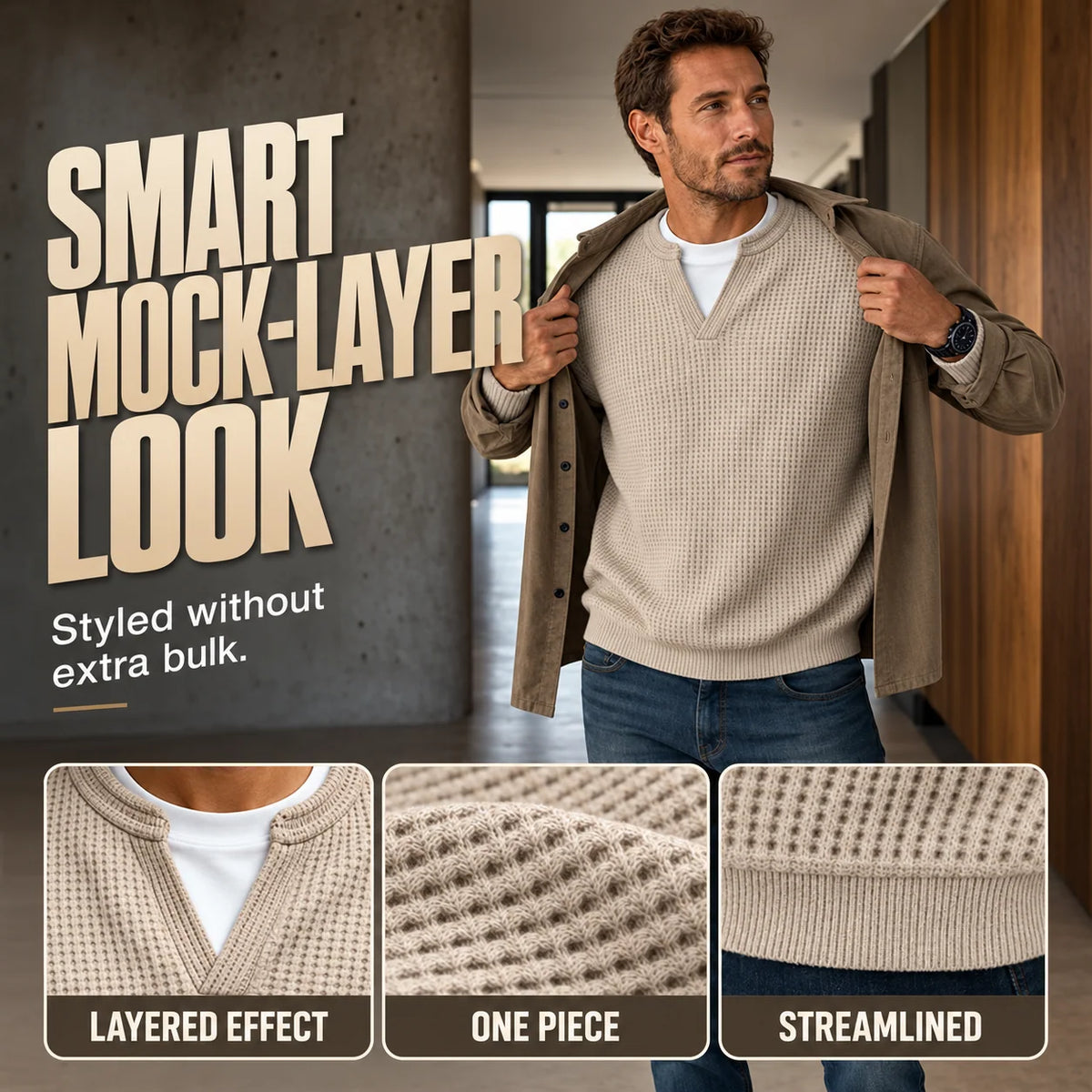 Long Sleeve T-Shirt Waffle Texture Faux Layered Look Relaxed Fit