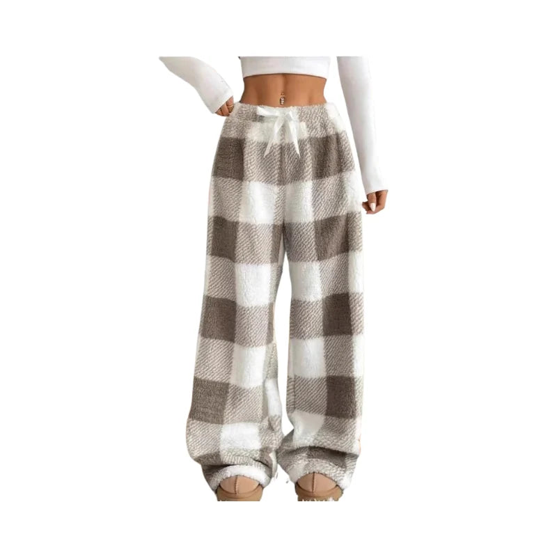 Lounge Pants Plaid Wide-Leg Soft Polyester Elastic Waistband