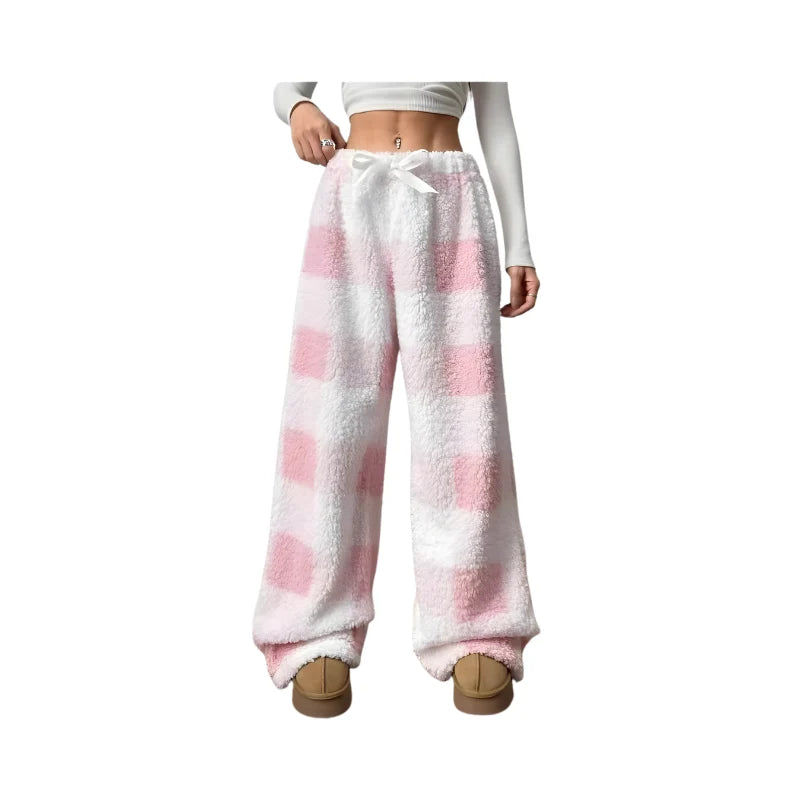 Lounge Pants Plaid Wide-Leg Soft Polyester Elastic Waistband