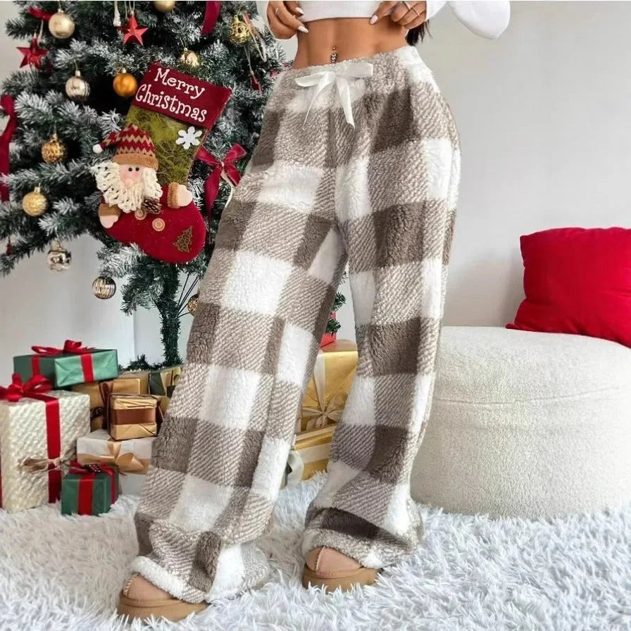 Lounge Pants Plaid Wide-Leg Soft Polyester Elastic Waistband