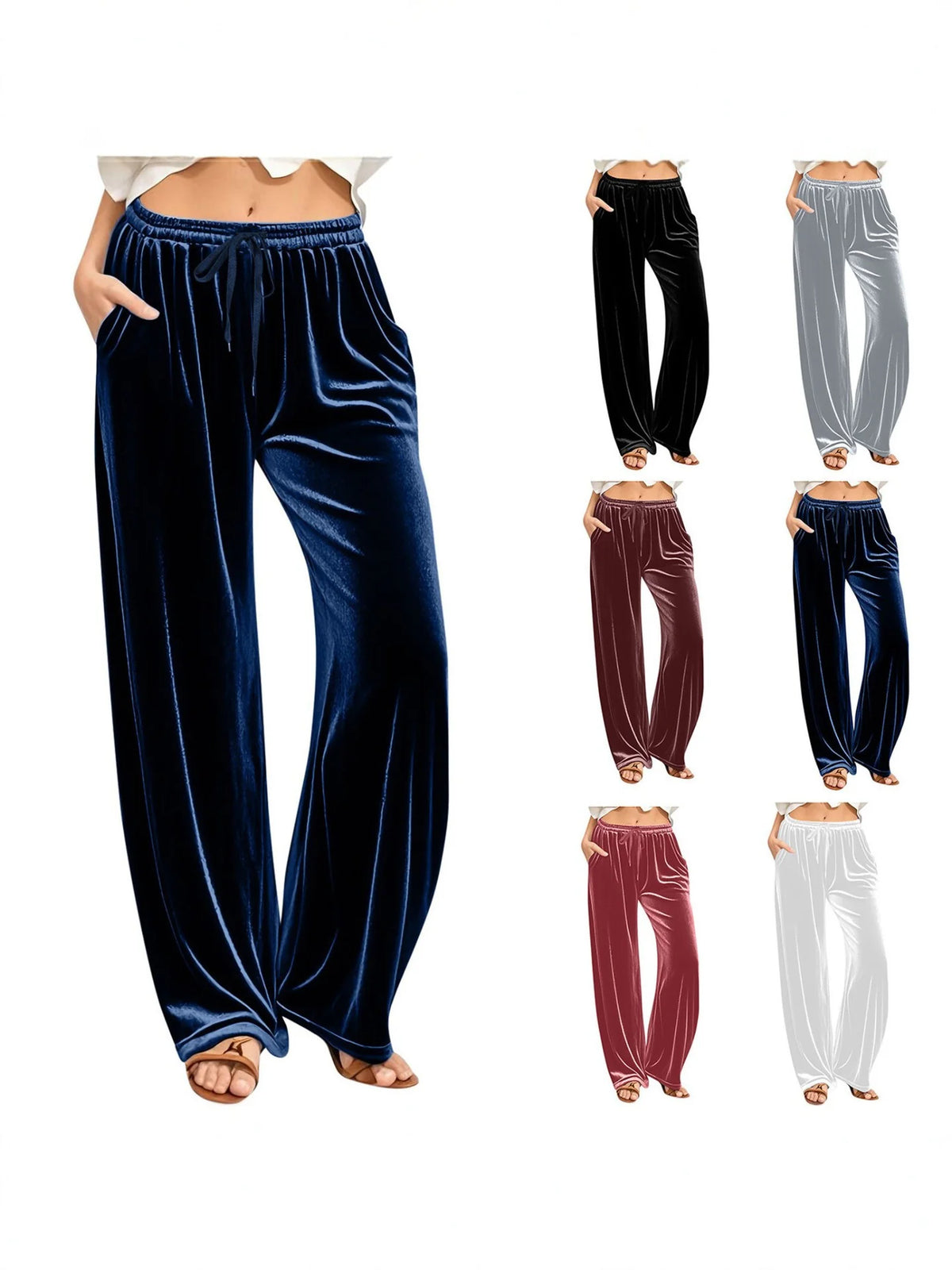 Lounge Pants Velvet Wide-Leg Drawstring Waist Side Pockets