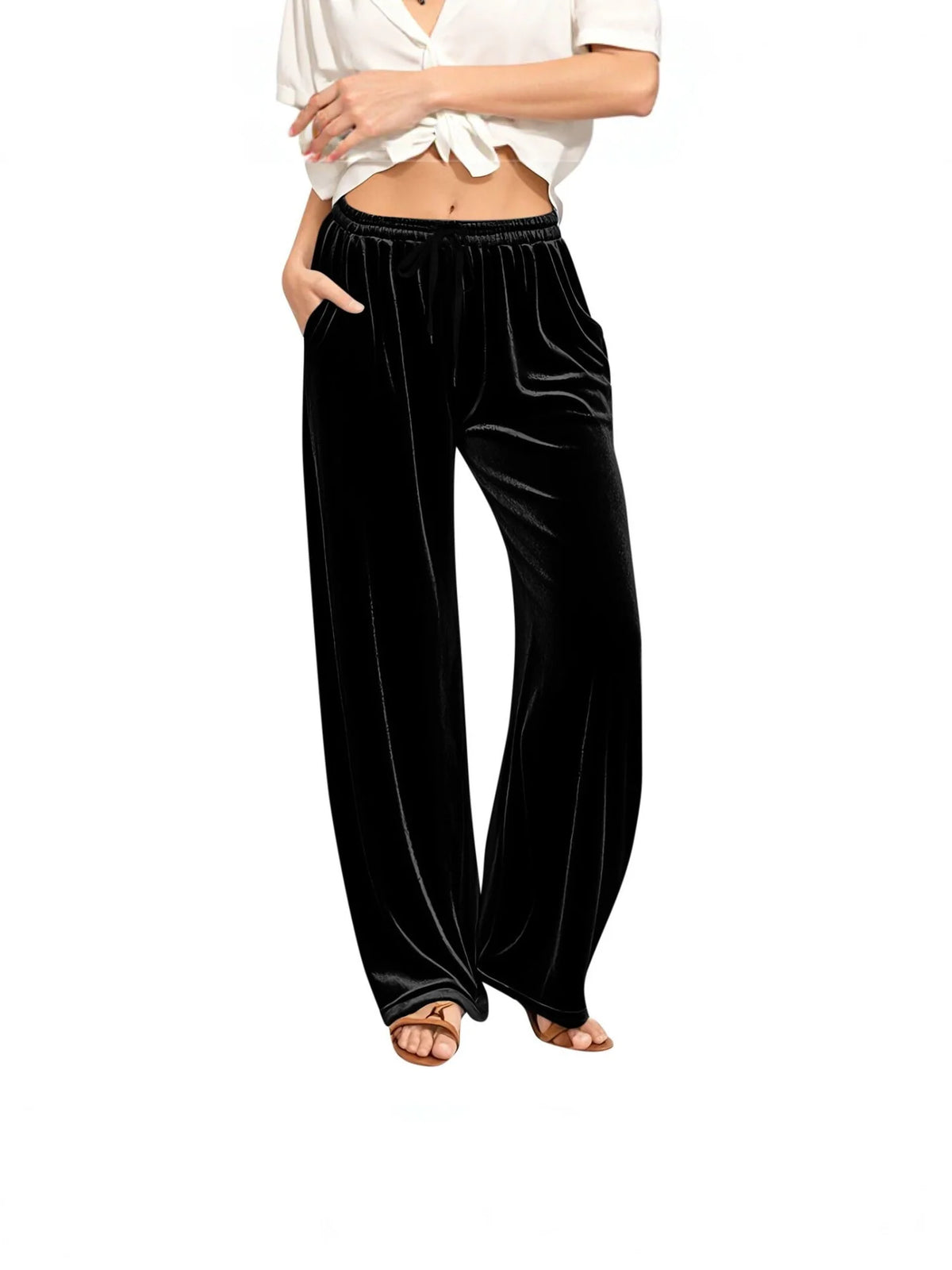 Lounge Pants Velvet Wide-Leg Drawstring Waist Side Pockets