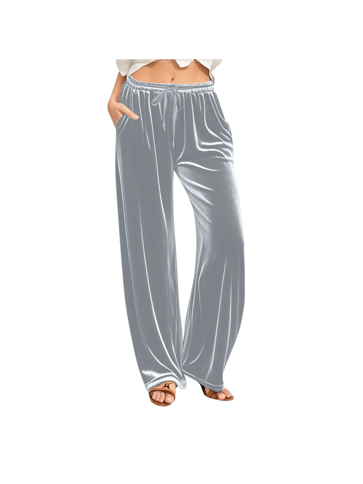 Lounge Pants Velvet Wide-Leg Drawstring Waist Side Pockets
