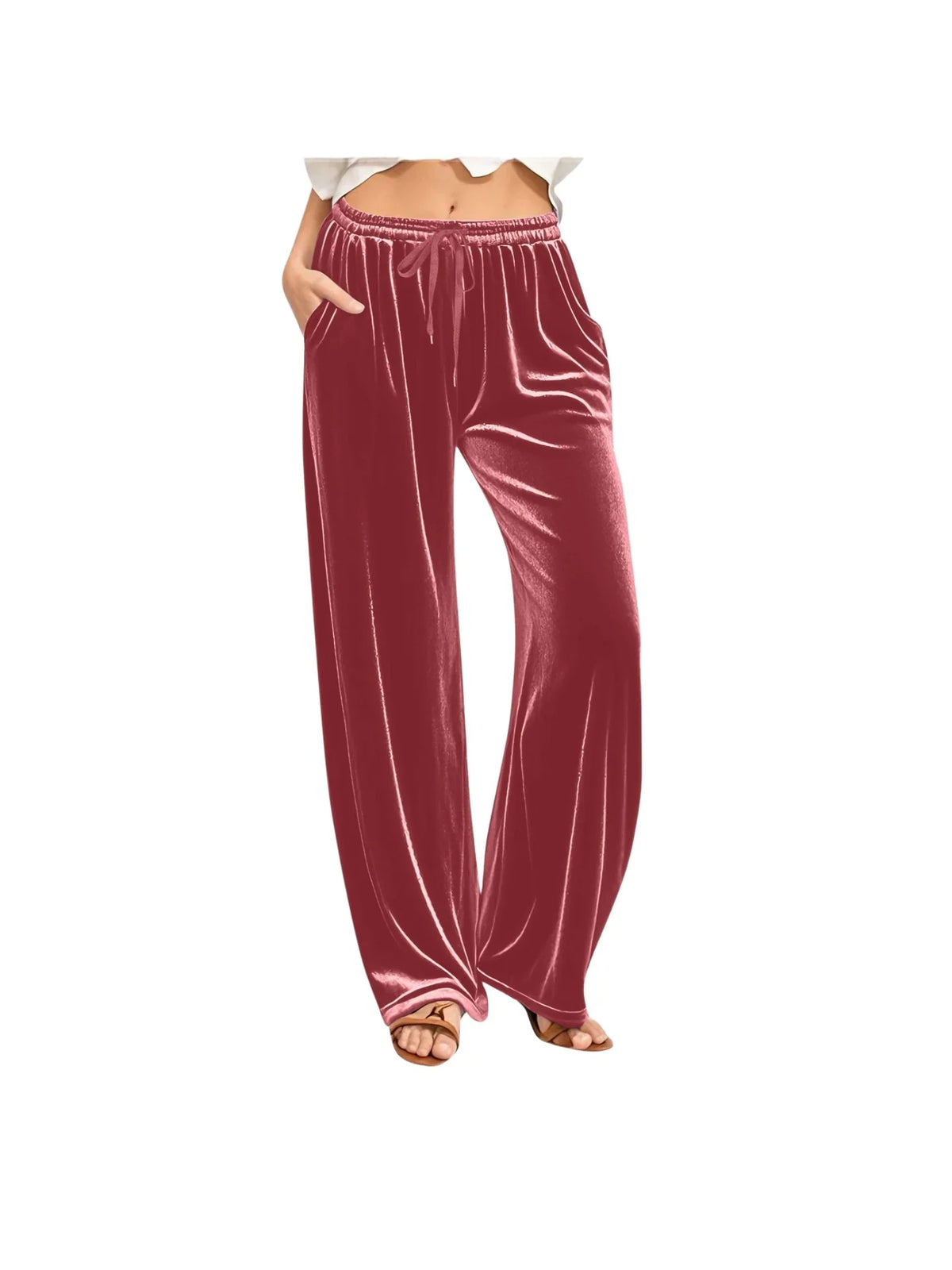 Lounge Pants Velvet Wide-Leg Drawstring Waist Side Pockets