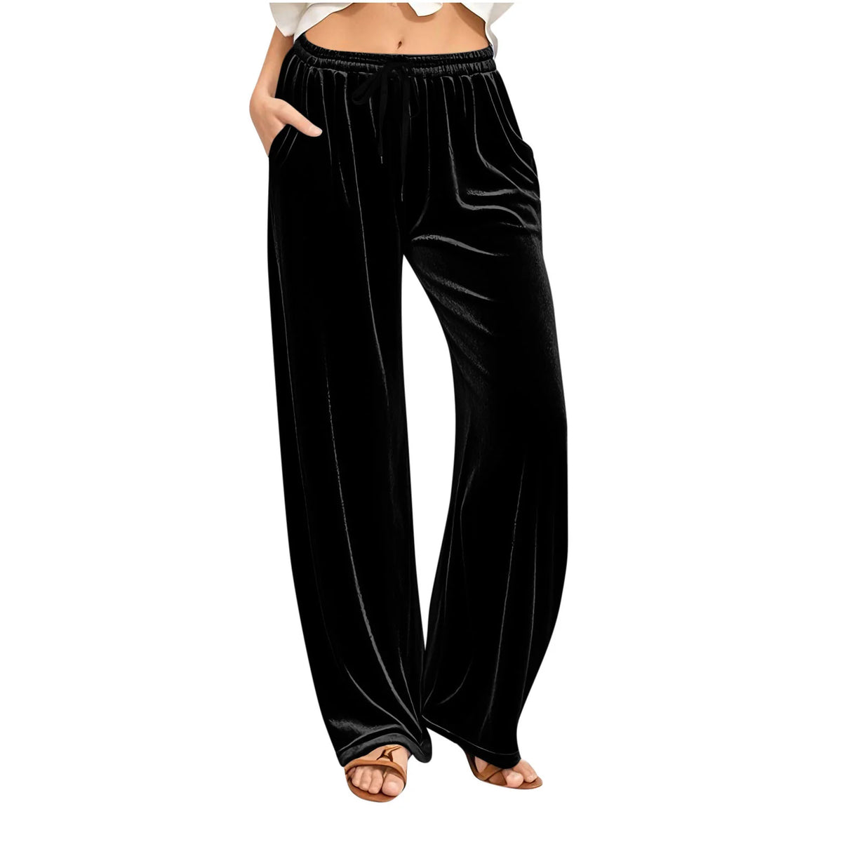 Lounge Pants Velvet Wide-Leg Drawstring Waist Side Pockets