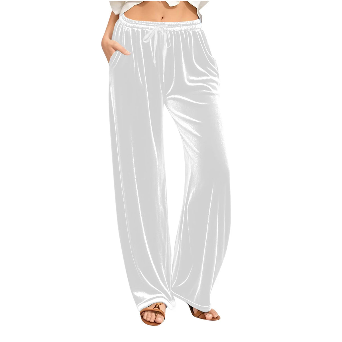 Lounge Pants Velvet Wide-Leg Drawstring Waist Side Pockets