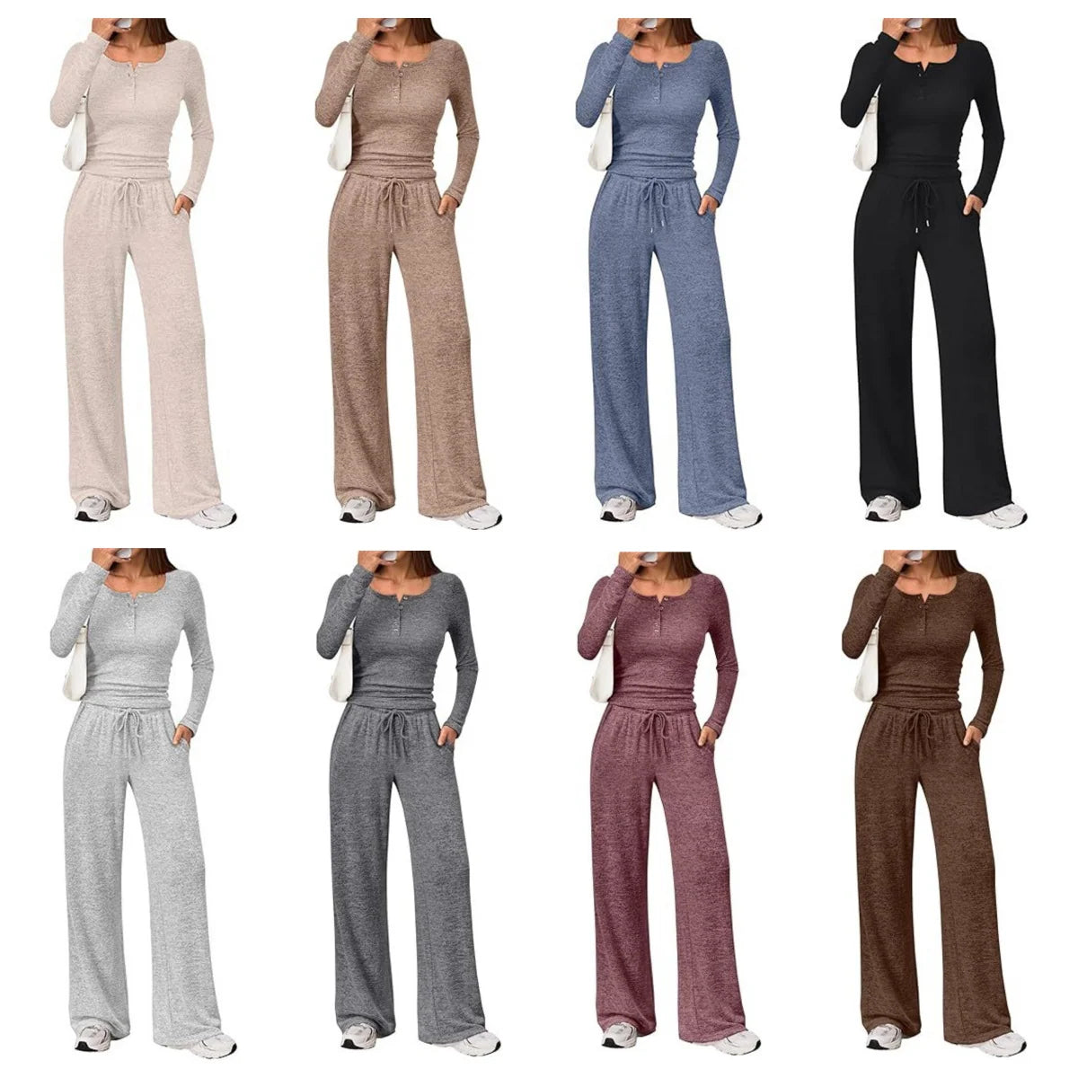 Lounge Set Fine-Knit Henley Top Wide-Leg Pants With Pockets