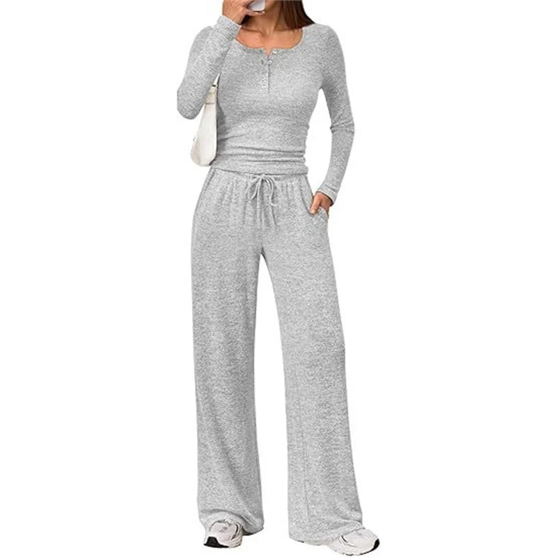 Lounge Set Fine-Knit Henley Top Wide-Leg Pants With Pockets