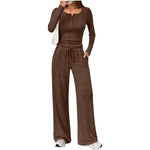 Lounge Set Fine-Knit Henley Top Wide-Leg Pants With Pockets
