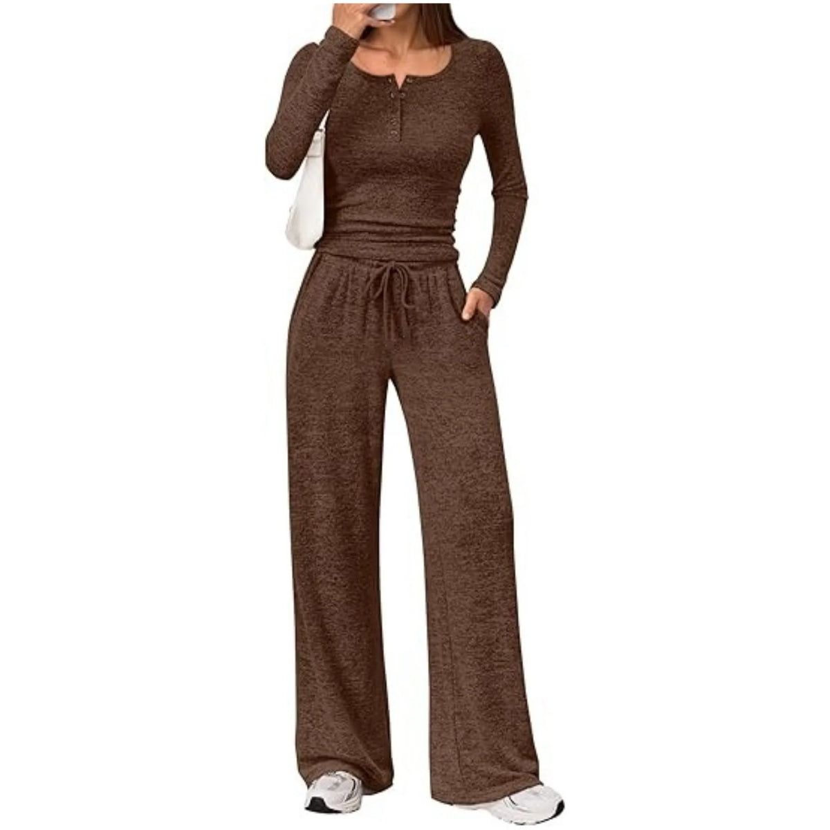 Lounge Set Fine-Knit Henley Top Wide-Leg Pants With Pockets