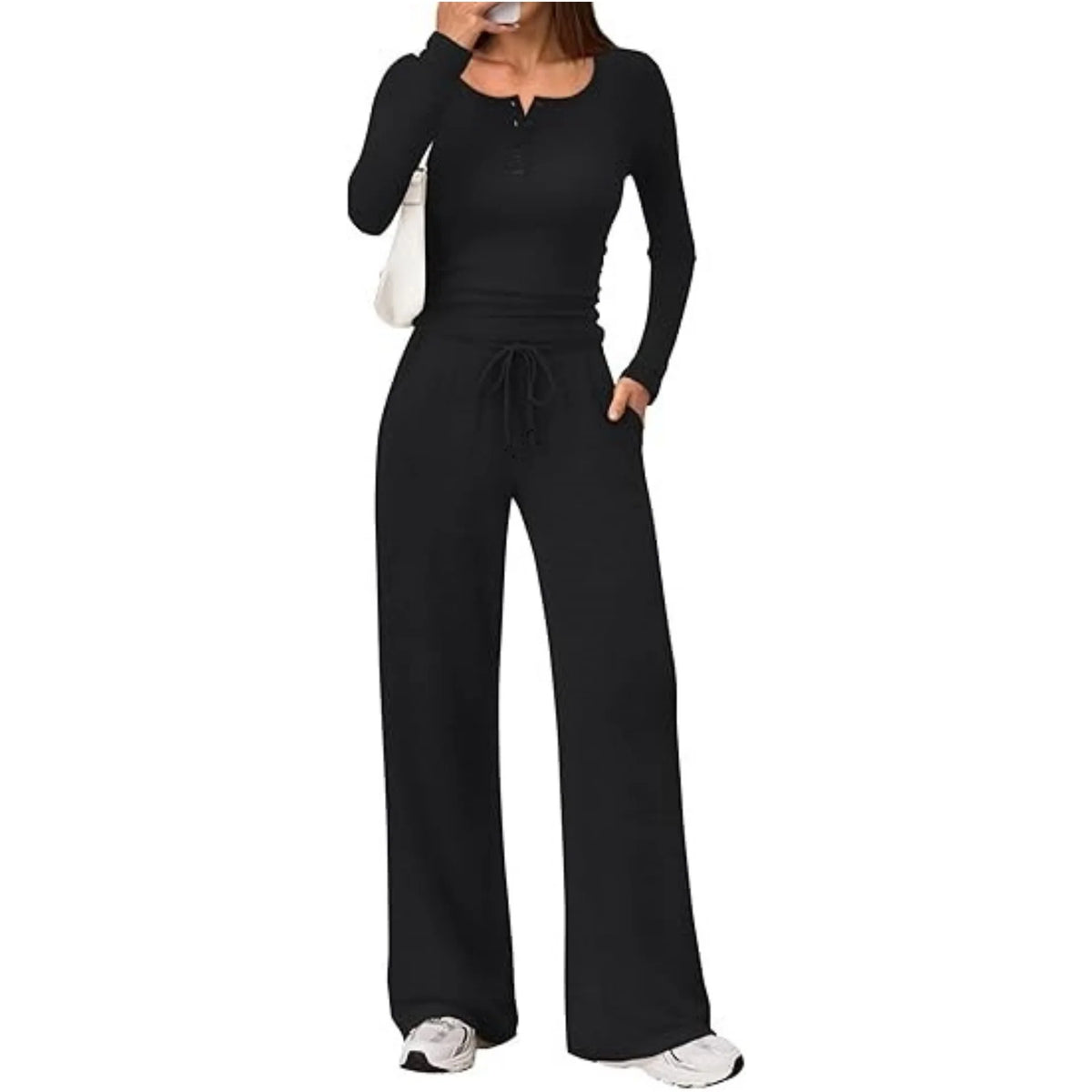 Lounge Set Fine-Knit Henley Top Wide-Leg Pants With Pockets