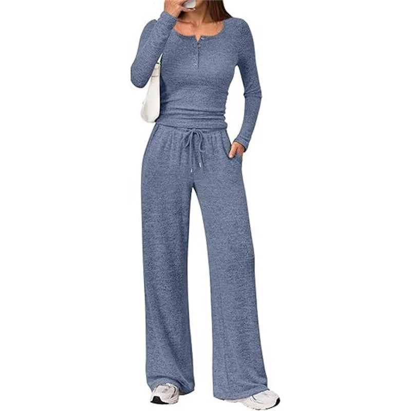 Lounge Set Fine-Knit Henley Top Wide-Leg Pants With Pockets