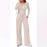 Lounge Set Fine-Knit Henley Top Wide-Leg Pants With Pockets