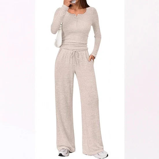 Lounge Set Fine-Knit Henley Top Wide-Leg Pants With Pockets