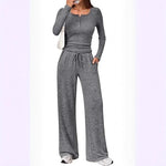 Lounge Set Fine-Knit Henley Top Wide-Leg Pants With Pockets