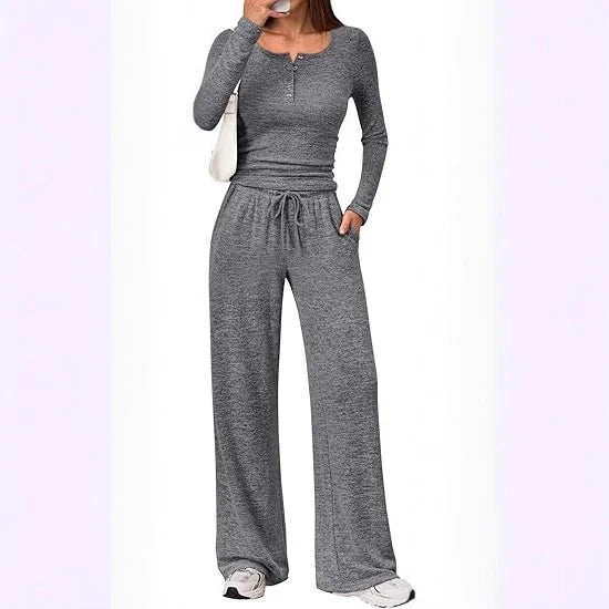 Lounge Set Fine-Knit Henley Top Wide-Leg Pants With Pockets