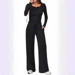 Lounge Set Fine-Knit Henley Top Wide-Leg Pants With Pockets