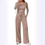 Lounge Set Fine-Knit Henley Top Wide-Leg Pants With Pockets
