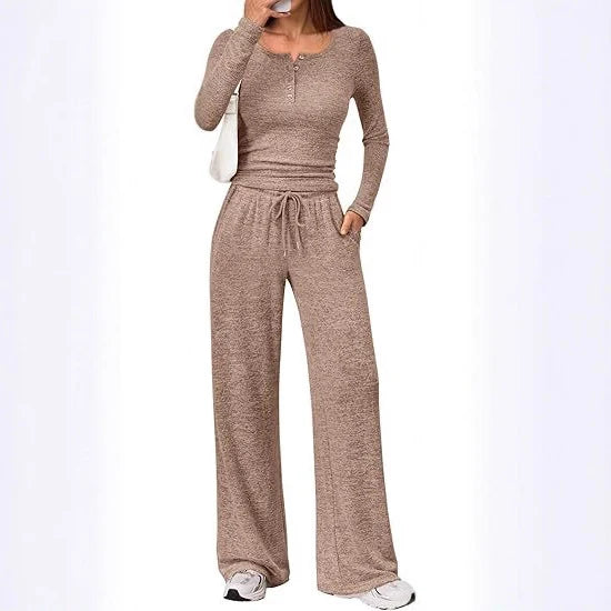Lounge Set Fine-Knit Henley Top Wide-Leg Pants With Pockets