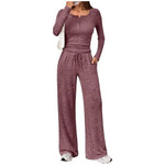 Lounge Set Fine-Knit Henley Top Wide-Leg Pants With Pockets