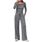 Lounge Set Fine-Knit Henley Top Wide-Leg Pants With Pockets