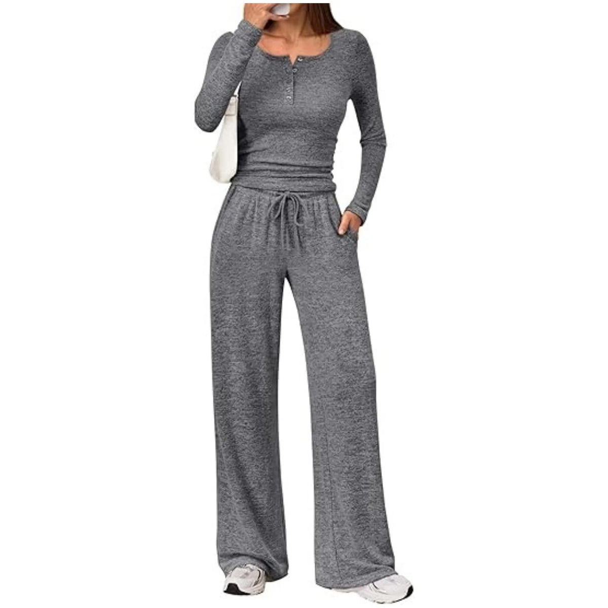 Lounge Set Fine-Knit Henley Top Wide-Leg Pants With Pockets