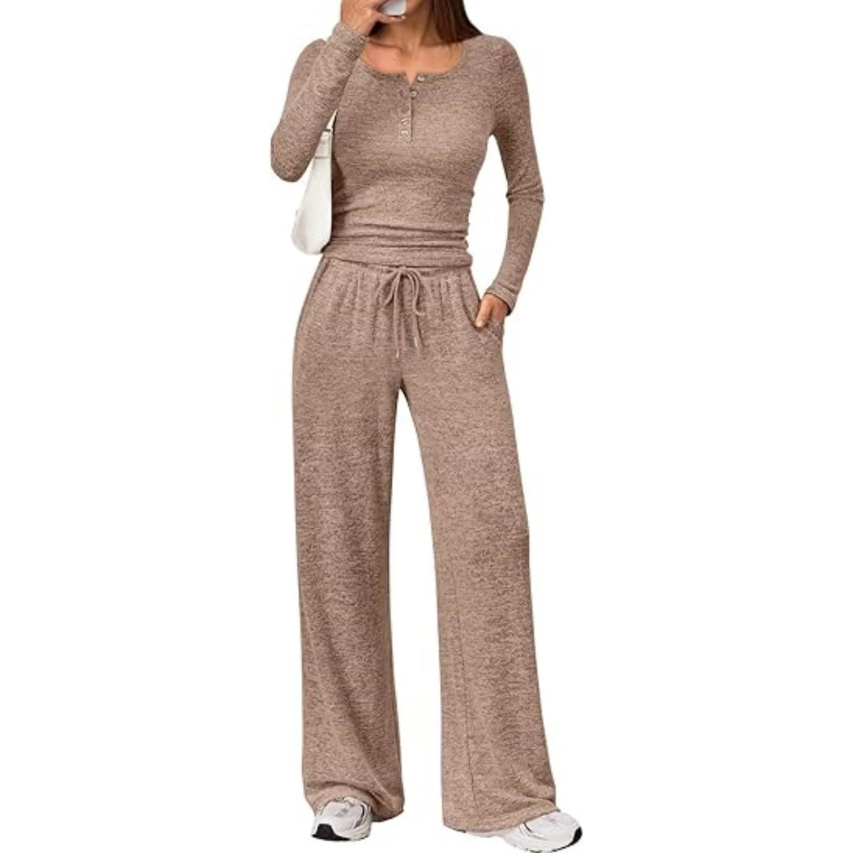 Lounge Set Fine-Knit Henley Top Wide-Leg Pants With Pockets