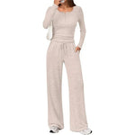 Lounge Set Fine-Knit Henley Top Wide-Leg Pants With Pockets