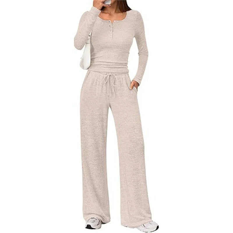 Lounge Set Fine-Knit Henley Top Wide-Leg Pants With Pockets