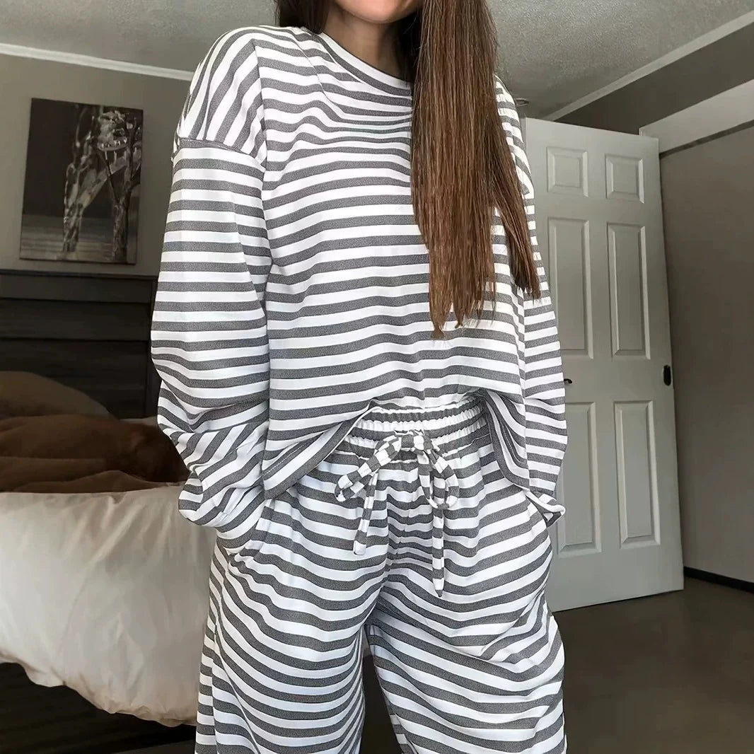 Loungewear Set Striped Oversized Sweatshirt Drawstring Pants With Pockets