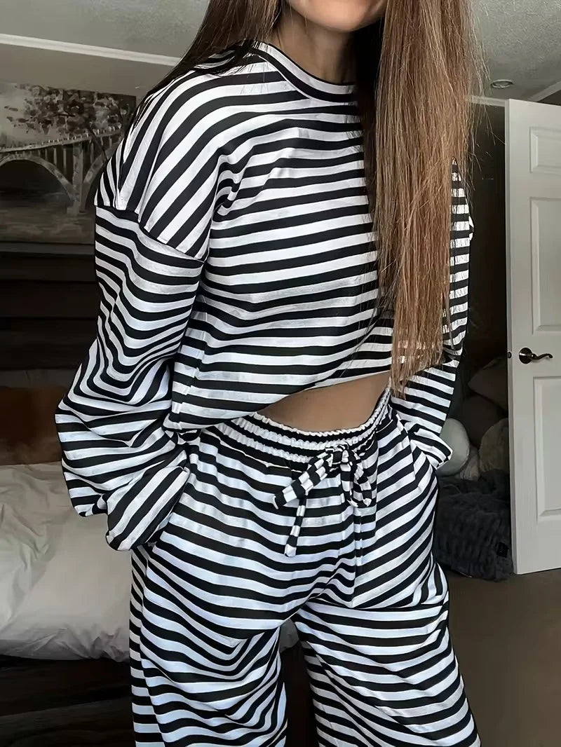 Loungewear Set Striped Oversized Sweatshirt Drawstring Pants With Pockets
