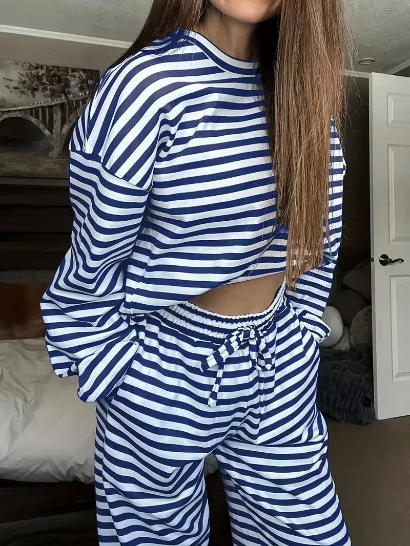 Loungewear Set Striped Oversized Sweatshirt Drawstring Pants With Pockets