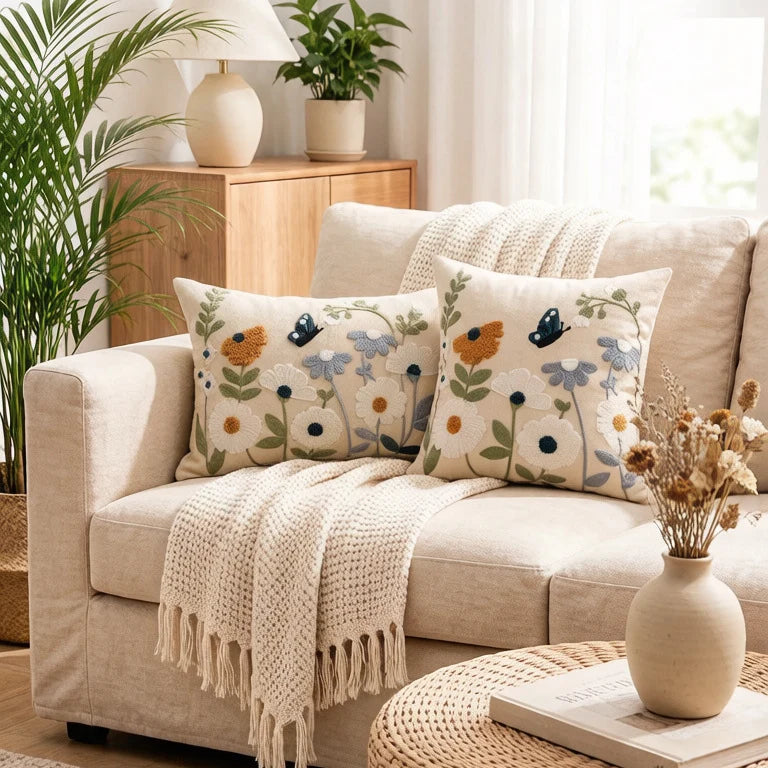 Lumbar Cushion Cover Hand-Embroidered Linen-Blend Chenille